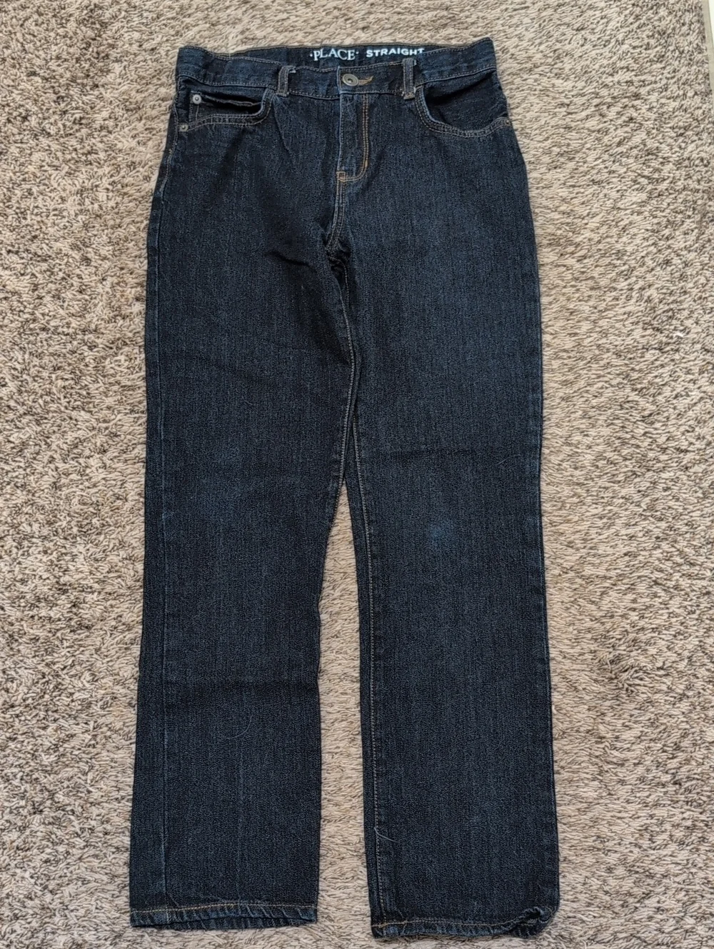 The Children's Place Straight Leg Jeans in Dark Blue Denim Boys 14 Adjustable